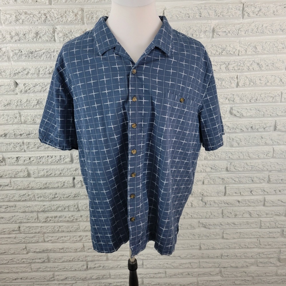 John Blair Men's 2XL Shirt Blue Geometric Pattern Short Sleeve Cotton Button-Up